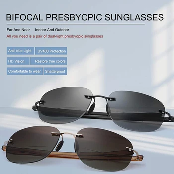 Novo Rimless Bifocal Obravnavi Očala UV400 Zaščito Šport sončna Očala Modre Svetlobe Blokiranje Lahki Sonce Bralce za Unisex 1.5