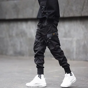 Moških Hlač Multi-žep Tovora Hlače Trakovi Joggers Harajuku Sweatpant Hip Hop Priložnostne Ulične Mozaik techwear