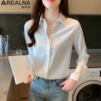 Korejski Moda Svile Ženske Bluze 2020 Jeseni Saten Womens Vrhovi in Bluze Plus Velikost XXXL Urad Dama Dolgimi Rokavi Ženske Majice