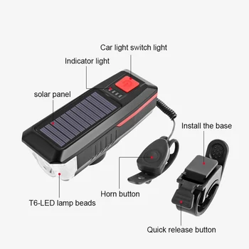 Sončne elektrarne Kolo Svetlobe 2000mAh USB Polnilne T6 LED 200m Smerniki 3Modes Nepremočljiva Kolo Spredaj Svetilka z 120dB Rog