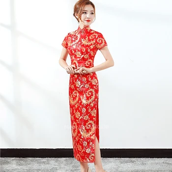 Kitajski Slog Tradicionalnih Oblačil Cheongsam Qipao za Ženske Letnik Nevesta Poročni Rdeče Vzorec Natisnjene Satenasto Obleko Dolgo Vestido