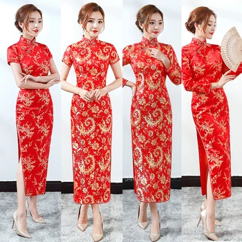 Kitajski Slog Tradicionalnih Oblačil Cheongsam Qipao za Ženske Letnik Nevesta Poročni Rdeče Vzorec Natisnjene Satenasto Obleko Dolgo Vestido