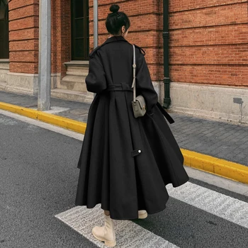 Moda Novo Koreja Slog Zimske Ženske Volne Mešanice Plašč Lady Obleko Suknji Enotni-Zapenjanje z Pasu Ženska Vrhnja oblačila Črno Roza