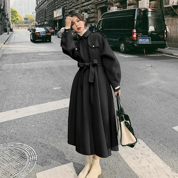 Moda Novo Koreja Slog Zimske Ženske Volne Mešanice Plašč Lady Obleko Suknji Enotni-Zapenjanje z Pasu Ženska Vrhnja oblačila Črno Roza