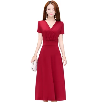 Nov Prihod Žensk Seksi Rdeče Črte Dress Vintage Kratek Rokav Priložnostne Elegantne Obleke V Vratu Stranka Retro Vestidos