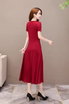 Nov Prihod Žensk Seksi Rdeče Črte Dress Vintage Kratek Rokav Priložnostne Elegantne Obleke V Vratu Stranka Retro Vestidos