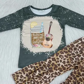 2020 Baby Sok Kitara Print Majica Leopard Zvonovi Hlače Oblačila Otroci Nosijo Jesen Zima Obleko Dekleta Dolg Rokav Obleke, Kompleti