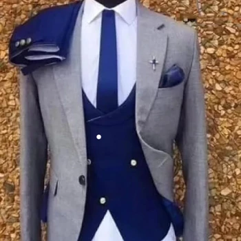 3 kos Sive Poroko Jopičem za Moške Formalno Človek Obleke Komplet Jakna Dvojno Zapenjanje Waistcoat z Royal Modre Hlače Moška Moda