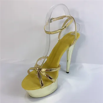 Poletni sandali s 6-palčni petami in 15-centimeter podplati prekrita v zlato.Klub seksi pole dancing čevlji
