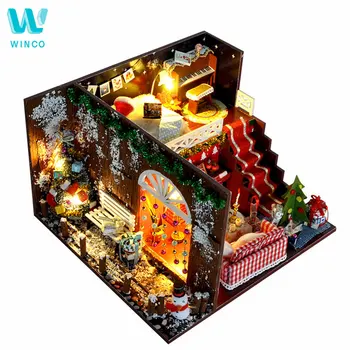 WINCO DIY Miniaturni Lutke Pohištvo Božič Pusta Noč Lesene Lutke Hiša Z LED Luči Kompleti Darilo Igrače Za Otroke