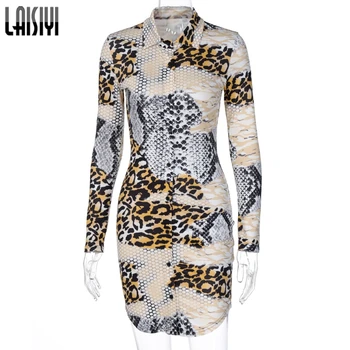 LAISIYI Leopard Kača Natisni Mini Obleke, Ženske Dolg Rokav Jeseni Leta 2020 Moda Vroče Clubwear Bodycon Slim Stranka Obleko