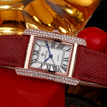 Zegarek Damski WWOOR Top blagovne Znamke Luksuznih Modnih Priložnostne Dame Watch Kvadratnih Rose Zlata Diamond Rdečega Usnja Nepremočljiva Ženske Ure