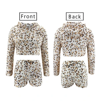Ženske, Fuzzy Plišastih 2Pcs Obleke Komplet Zimskih Long Sleeve Hooded Vrh Visok Pas Hlače Leopard Tie-Dye Tiskanja Trenirko Loungewear