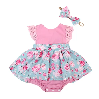 Baby Dekleta, Otroci 2Pcs Obleke Nastavite Cvetlični Princesa Cvjetnim Tiskanja Obleko Čipke Romper +Glavo 2pcs Stranka