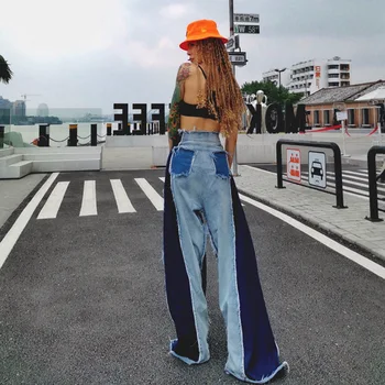 Kontrast barve mozaik tassel visok pas širok noge dolge ženske jeans 2019 jeseni mode osebnost zaostajajo širok noge jeans