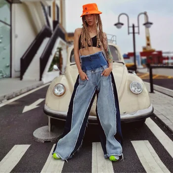Kontrast barve mozaik tassel visok pas širok noge dolge ženske jeans 2019 jeseni mode osebnost zaostajajo širok noge jeans