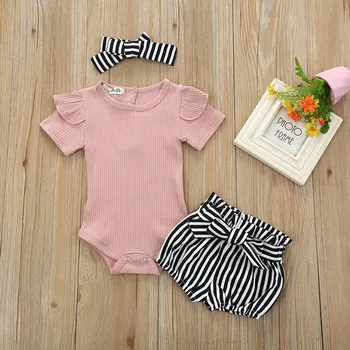 3pcs baby glavo novorojenčka dekle obleko oblačila za dojenčka dekle Romper Jumpsuit Bowknot Stripe kratke Hlače Določa повязка на голову t5