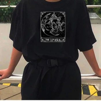 Tarot Sun Moon Ljubitelje Graphic Tee Black Gothic Kul Grunge 90. letih Modna Unisex T-Shirt Priložnostne Smešno Harajuku Tumblr Ženske Vrh