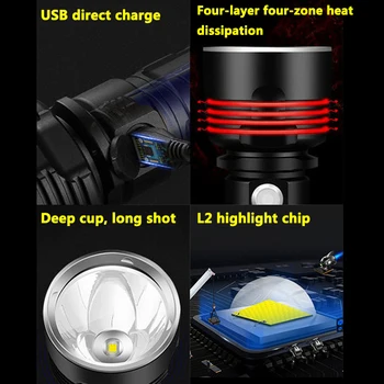 Super Močan XHP70 LED Svetilka XM-L2 Prostem LightingTactical Baklo USB Polnilne Vodotesna Svetilka Ultra Svetla Luč