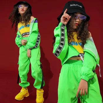 Otroška Jazz Ples Kostum za Dekleta, Hip-Hop Oblačila Street Dance Fluorescentno Zelena Set Sodobna Plesna Predstava Obrabe DQS2905