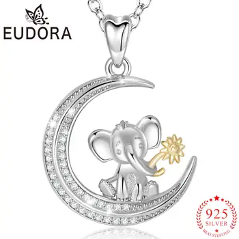 Eudora 925 Sterling Srebro slon luna Ogrlico, Obesek z AAA Kubičnih Cirkonij Ogrlica z verigo Živali Nakit D514