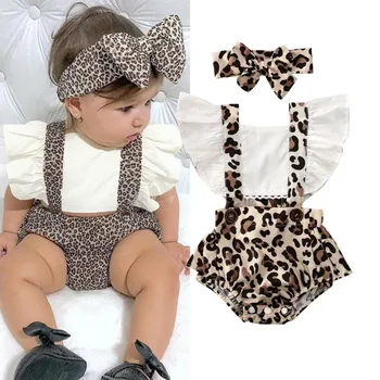 2020 moda baby telo nastavite dekle baby bodysuit Malčke Baby Ruched Leopard Tiskanja Romper Bodysuit + Hairband baby meisje kleding t5