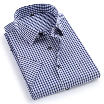 Poletje kratek rokav turndown ovratnik enostavno za nego non-iron redno fit prugasta / Kariran poslovnih moških priložnostne majice