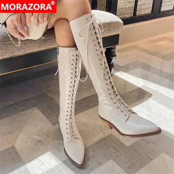 MORAZORA 2021 Pravega usnja čevlji modni čipke debele pete konicami prstov, kolena visoki škornji zimski 2 barve ženske škornji