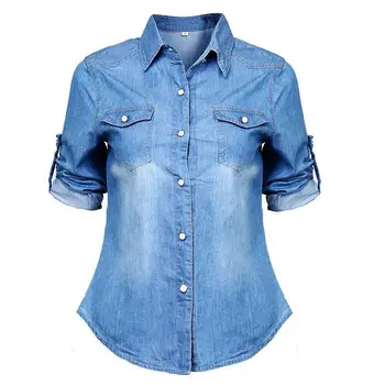 Retro Ženske Priložnostne Blue Jean Mehko Denim Long Sleeve Majica Vrhovi Bluzo ženska majica bluze vrh
