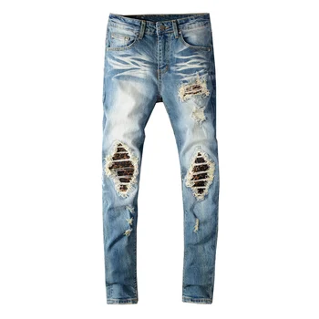 High Street Mode Moške Jeans Retro Modra Slim Fit Uničeno Ripped Kavbojke Moški Punk Hlače Mozaik Oblikovalec Hip Hop Kavbojke Homme