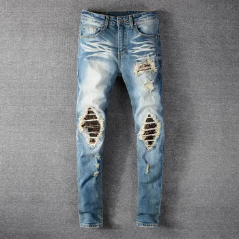 High Street Mode Moške Jeans Retro Modra Slim Fit Uničeno Ripped Kavbojke Moški Punk Hlače Mozaik Oblikovalec Hip Hop Kavbojke Homme
