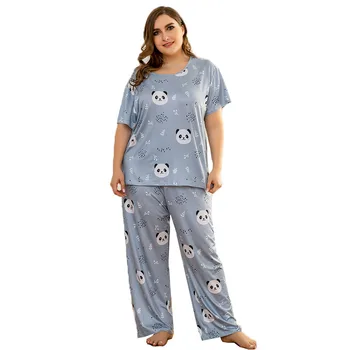 Novo pomlad jesen plus velikost pižame za ženske svoboden modra panda print majica s kratkimi rokavi in dolge hlače domov nositi obleke 4XL 5XL 6XL 7XL