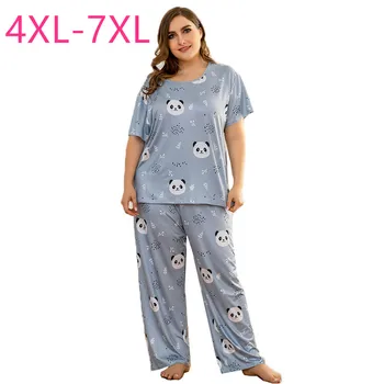 Novo pomlad jesen plus velikost pižame za ženske svoboden modra panda print majica s kratkimi rokavi in dolge hlače domov nositi obleke 4XL 5XL 6XL 7XL