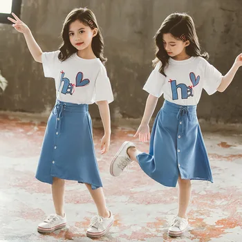 Otroci Poletnih Oblačil Oblačilo Za Dekleta Bela Majica + Nezakonitih Krilo 2PCS Obleke Najstniških Otrok, Modna Oblačila Dekleta