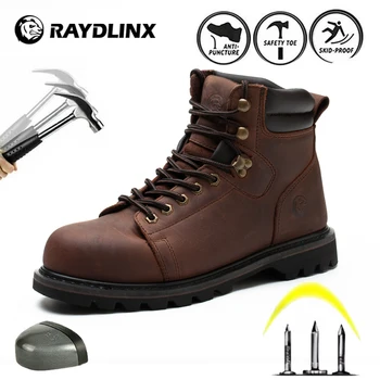 RAYDLINX Jekla Toe Industrijske Gradnje Usnje Škorenj, Varnost Dela, Škornji Jekla Midsole Anti-Punkcija Čevlji za Moški Varnostni Čevlji