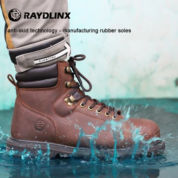 RAYDLINX Jekla Toe Industrijske Gradnje Usnje Škorenj, Varnost Dela, Škornji Jekla Midsole Anti-Punkcija Čevlji za Moški Varnostni Čevlji