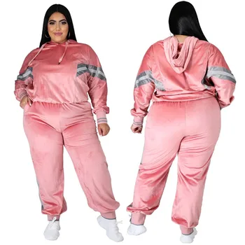 Adogirl XL-5XL Ženske Plus Velikosti Žamet Trenirko Moda Priložnostne Dva Kosa iz Dolgimi Rokavi Pulover s Kapuco Sweatpants Obleko