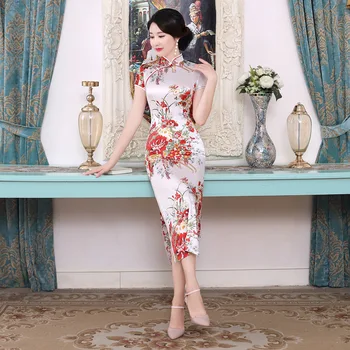 Beli Kitajski Ženske Qipao Plus Velikost 3XL Vantage Tiskanja Cvet Cheongsam Madeže Dolgo Slim Obleke, Elegantne Ženske Kitajska Obleka