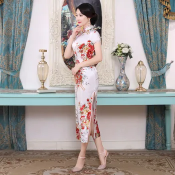 Beli Kitajski Ženske Qipao Plus Velikost 3XL Vantage Tiskanja Cvet Cheongsam Madeže Dolgo Slim Obleke, Elegantne Ženske Kitajska Obleka