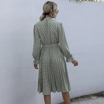 Ženska Jeseni Dolgo Obleko Elegantno Polka Dot Tiskanja Ruched Lok Obleke, Casual Zeleno-Črna Dolg Rokav Trendy Obleko za Novo Leto 2021