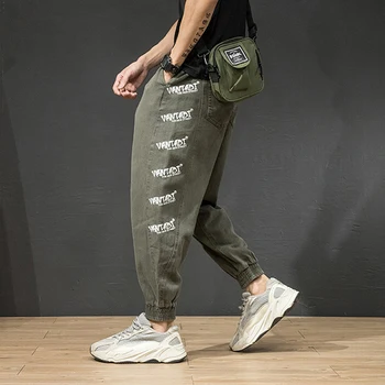 Moda Ulične Moške Jeans Ohlapno Fit Natisnjeni Oblikovalec Harem Hlače Cargo Hlače Zelene Barve Hip Hop Kavbojke Moški Joggers Hlače