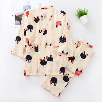 Japonski bombažne krep kimono oblačilih, ženske pižame določa kawaii sladko Risanka oranžna ženske sleepwear kopalni plašči plus velikost