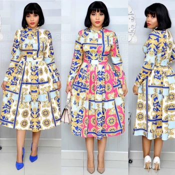 3XL Plus Velikost Afriki Oblačila Trendy Cvet Natisnjeni Dolg Rokav Midi Obleka Ženske Jeseni Dolgo Haljo Stranka Afriške Urad Obleko