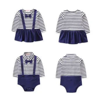 Newborn Baby Dekleta Fantje Sestra Brat Ujemanje Obleka, Obleka, Obleka Malo Mornar Blue Stripe Majica Obleko Dvojčka Obleko Set