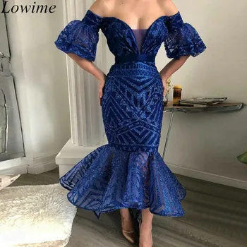 Modeat Navy Blue Plus Velikost Obleke Cocktail 2019 Off Ramenski Čaj-Dolžino Zadrgo Nazaj Večer Prom Stranka Halje, Ženske Coquetel