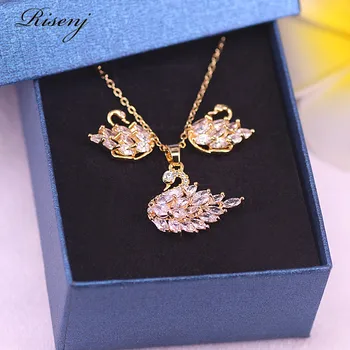Rose gold Nakit za ženske swan kvadrat s pisanimi & white vrh cirkon stud uhane, ogrlico iz tovarne neposredno prodajo