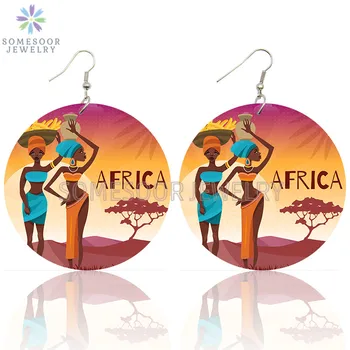 SOMESOOR Afrocentric Etnične Plemenski Napevi Umetnosti Natisnjeni Lesene Spusti Uhani Afriških Bobnov Kulture Modelov Zank Za Ženske, Darila