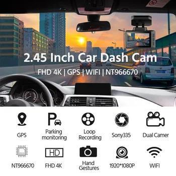 E-ACE B44 4K Dash Fotoaparat 2.45 Palčni Mini Avto Dvr 2160P FHD Dashcam Nočna Vizija, Video Snemalnik, Dvojno objektiv wifi Registrar z GPS