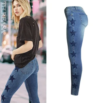 Star Vzorec Stran Trak Kavbojke Ženske, Evropi, Ameriki Moda 3D Stereo Vezenje Hlače Modre Mozaik Elastičnost Skinny Jeans