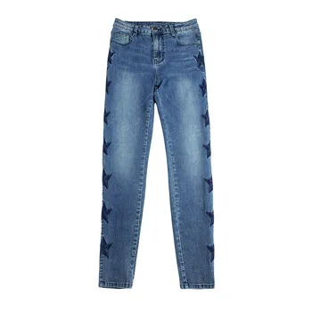 Star Vzorec Stran Trak Kavbojke Ženske, Evropi, Ameriki Moda 3D Stereo Vezenje Hlače Modre Mozaik Elastičnost Skinny Jeans